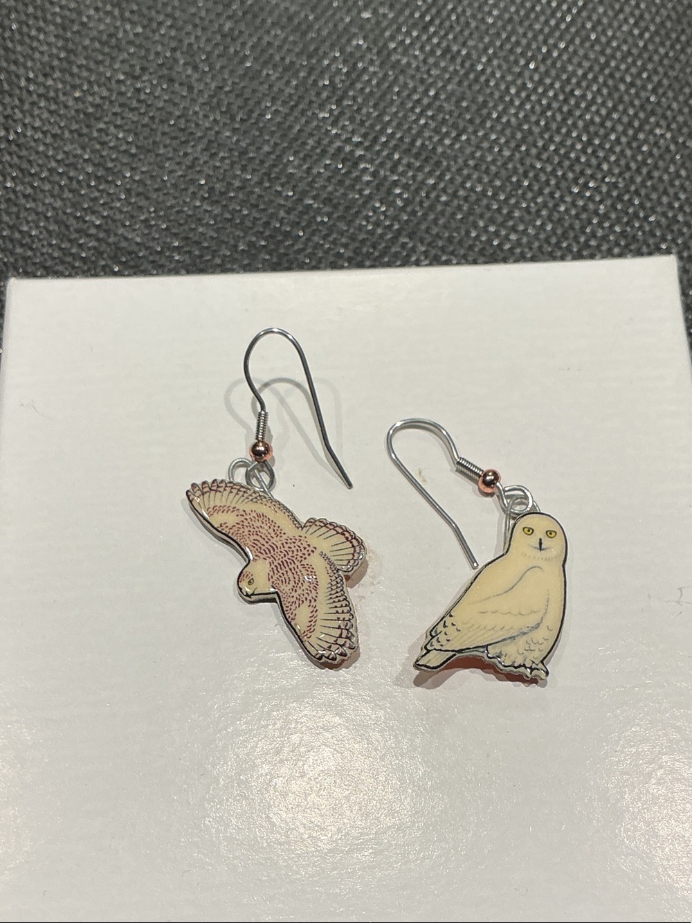 Handcrafted Jabebo Snowy Owl Dangle Earrings - Cream and Brown